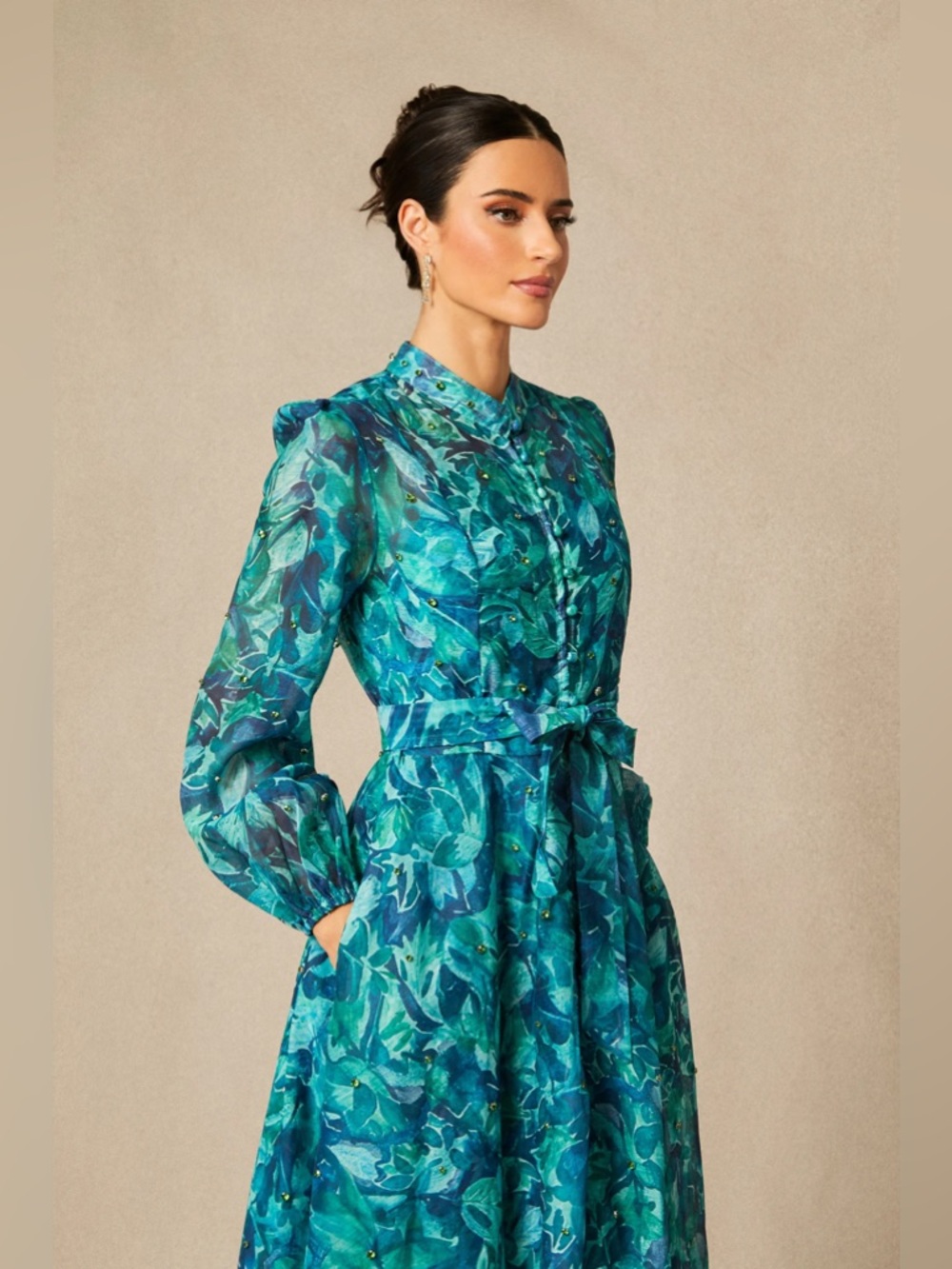 Blue Green Floral Midi Dress with Tie Waist S/M